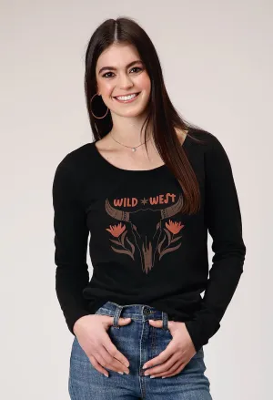 Premium Silhouette Roper Womens Wild West Longhorn Black 100% Cotton L/S T-Shirt Roper Womens Wild West Longhorn Black 100% Cotton L/S T-Shirt Softened Denim Material