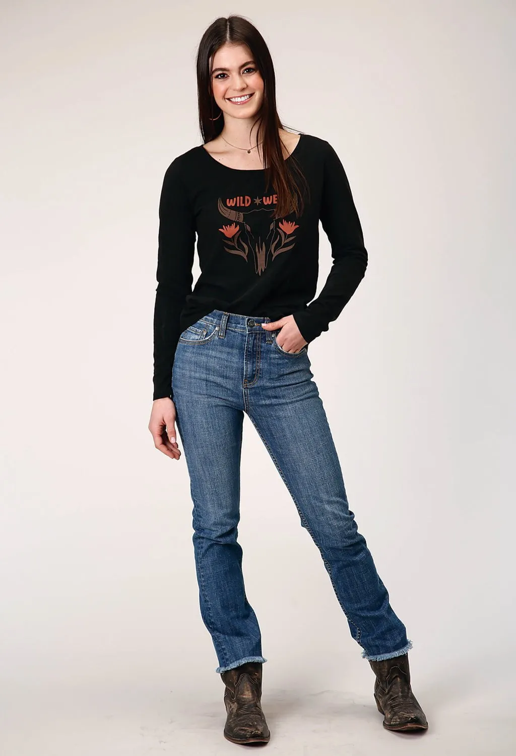 Roper Womens Wild West Longhorn Black 100% Cotton L/S T-Shirt Sleek Shape High-waisted