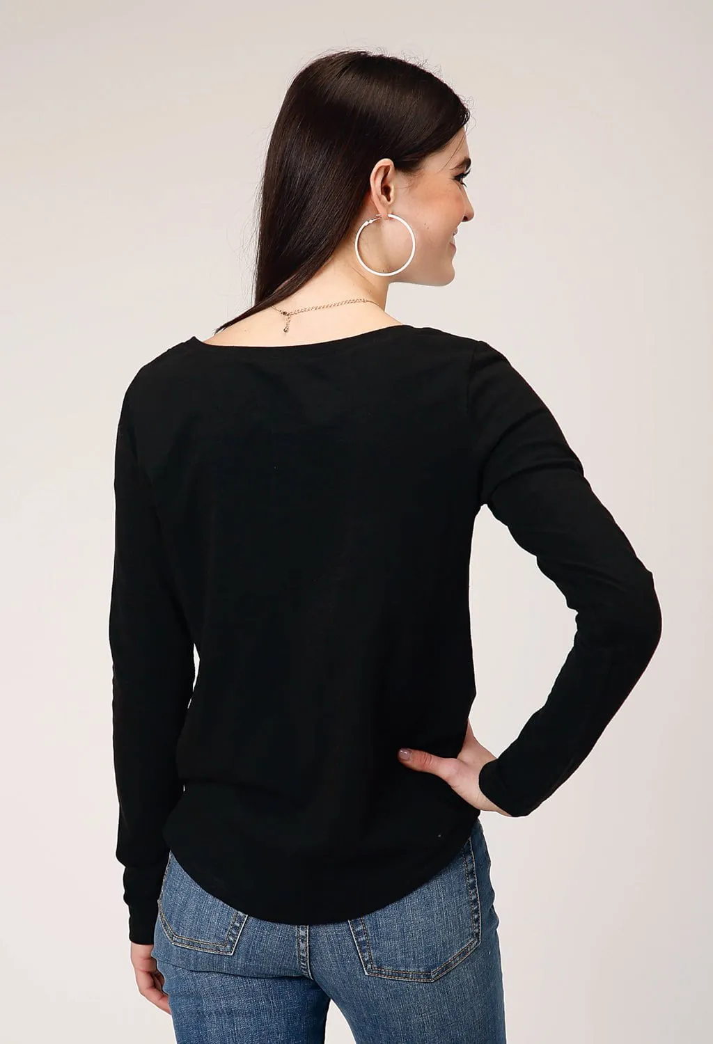 Party Look Classic Wear Roper Womens Wild West Longhorn Black 100% Cotton L/S T-Shirt