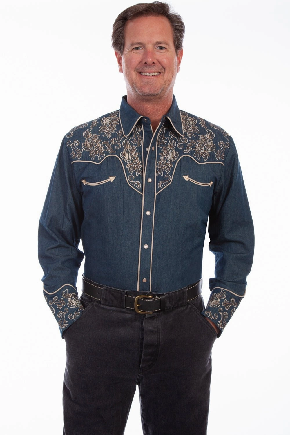 Denim Blend Scully Mens Denim 100% Cotton Leafy Scroll L/S Shirt 3X