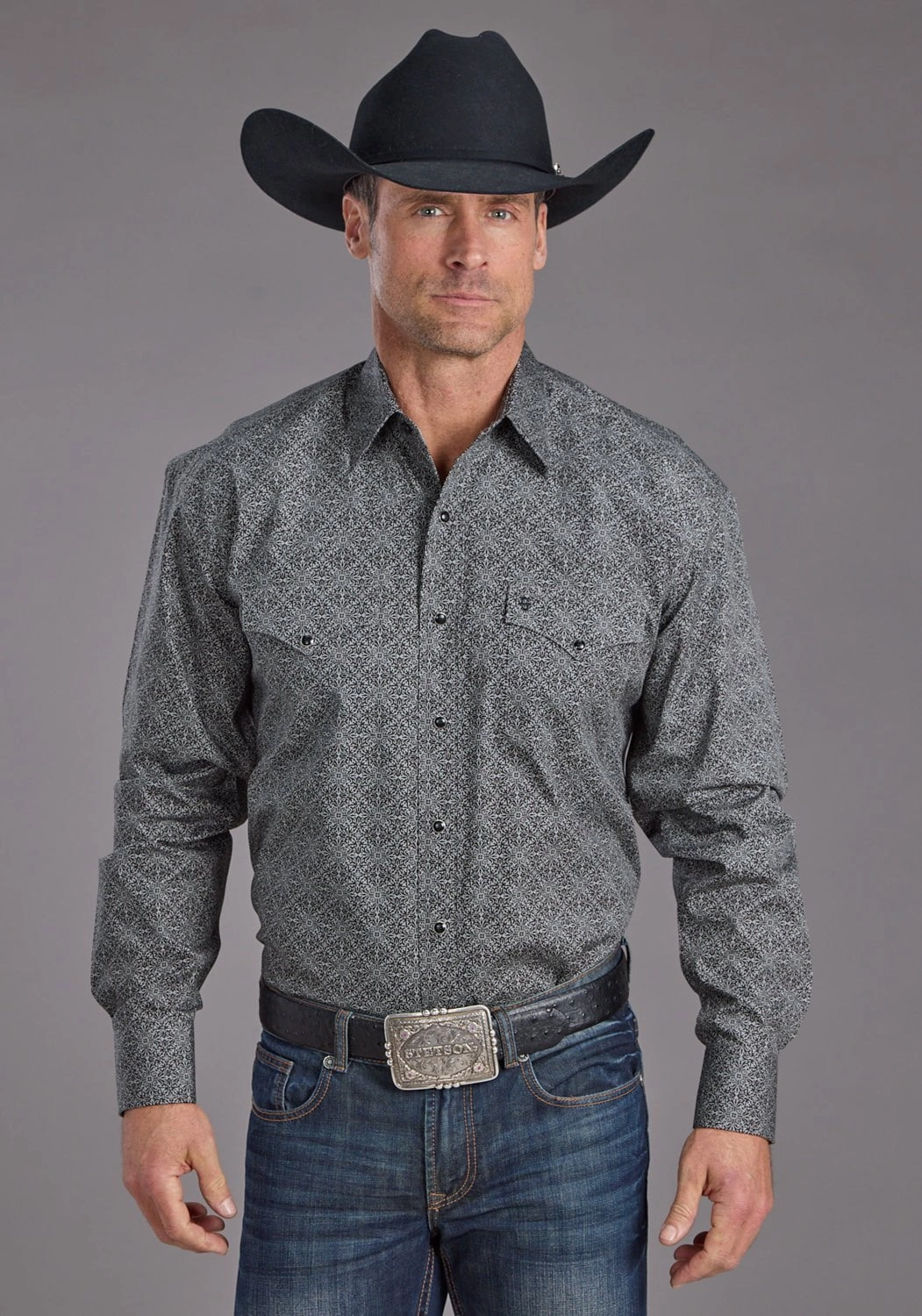 Stetson Mens 2237 Iron Filigree Grey 100% Cotton L/S Shirt Printed design