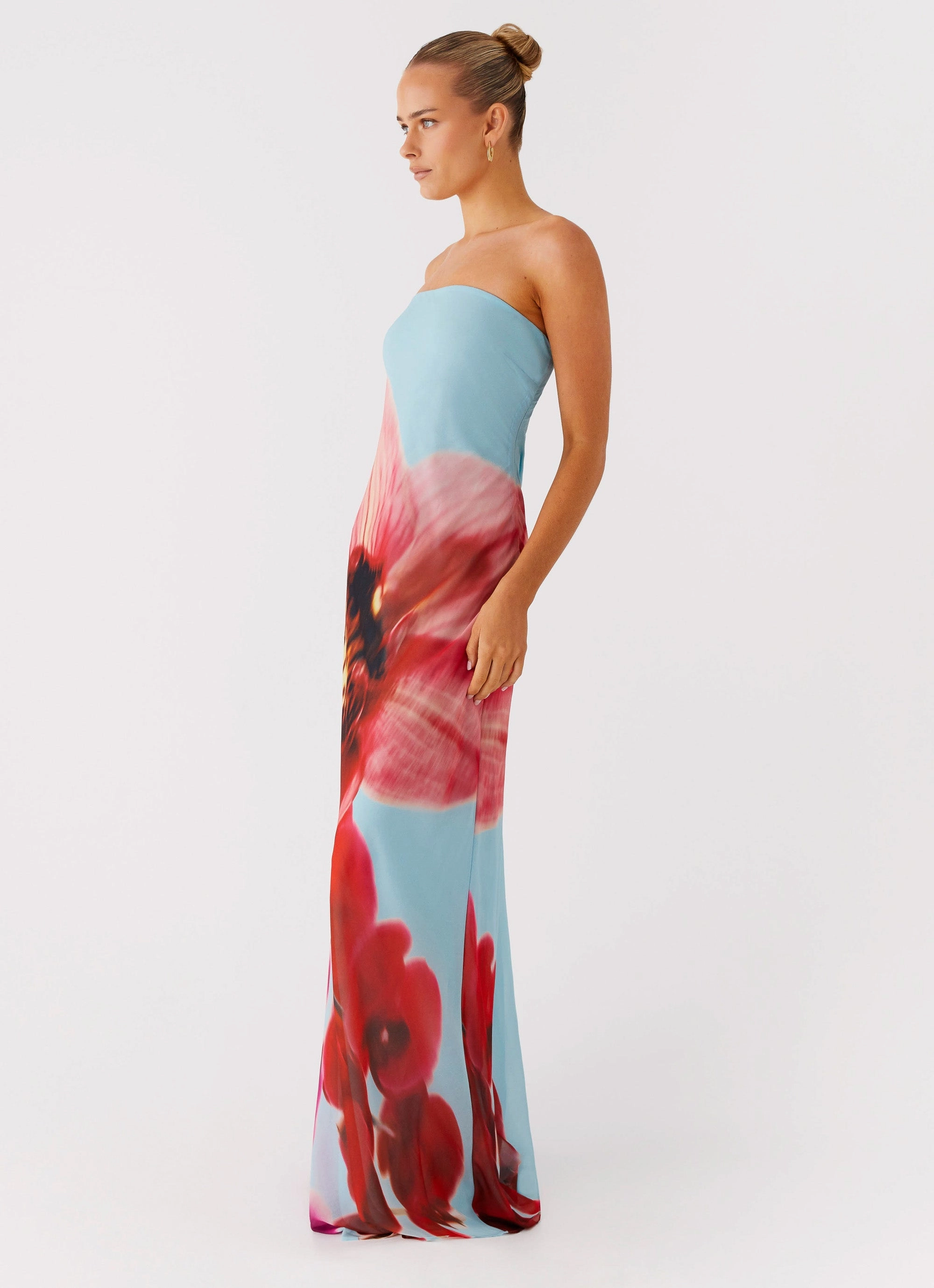 Amelle Maxi Dress - Turquoise Bloom Button Chic Satin-Sleeve