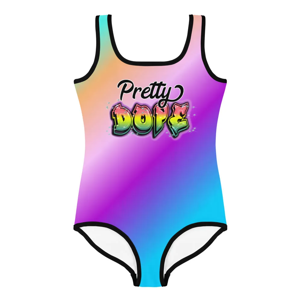 Pretty Dope Girls Swimsuit or Bodysuit All-Over Print Kids Swimsuit Size 2 - 7, Girls Colorful Dope Swimsuit