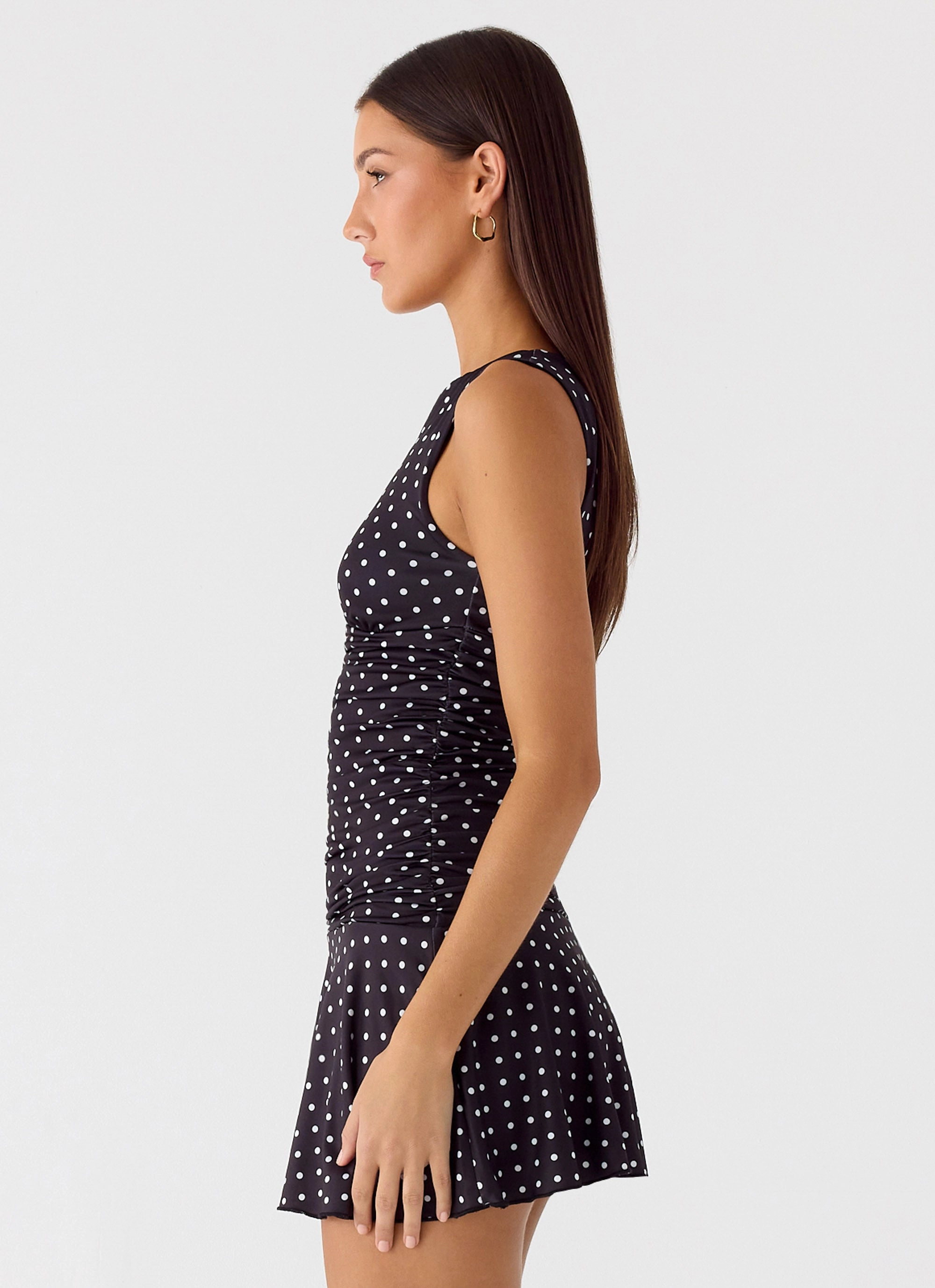 Kelda Mini Dress - Black Polkadot Contemporary Waist Clean Texture