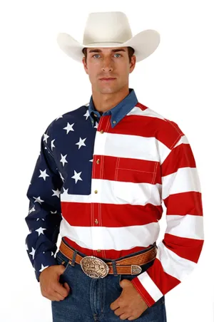 Printed Art Roper Mens Stars Striped Pieced Flag Red/Blue 100% Cotton L/S Shirt Roper Mens Stars Striped Pieced Flag Red/Blue 100% Cotton L/S Shirt Layered Collar