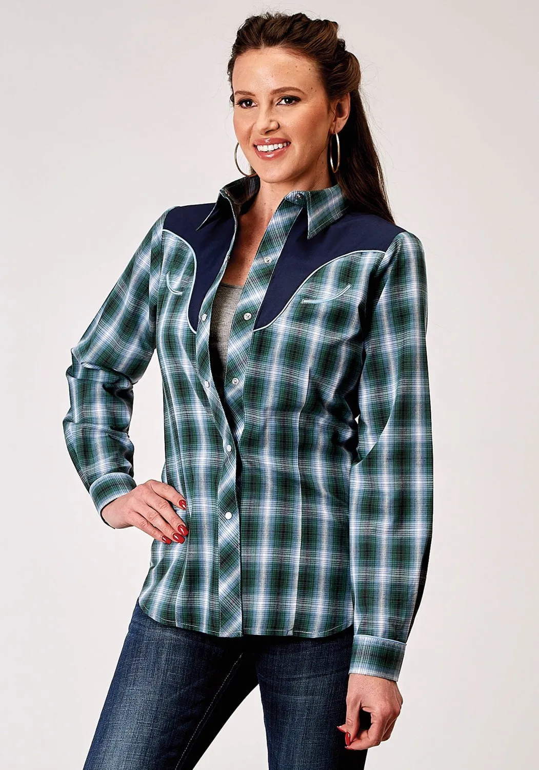 Tall Option Holiday Outfit Roper Womens 1967 Ocean Plaid Blue Cotton Blend Fancy L/S Shirt