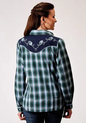 Printed Art Roper Womens 1967 Ocean Plaid Blue Cotton Blend Fancy L/S Shirt Roper Womens 1967 Ocean Plaid Blue Cotton Blend Fancy L/S Shirt Flexible Knit