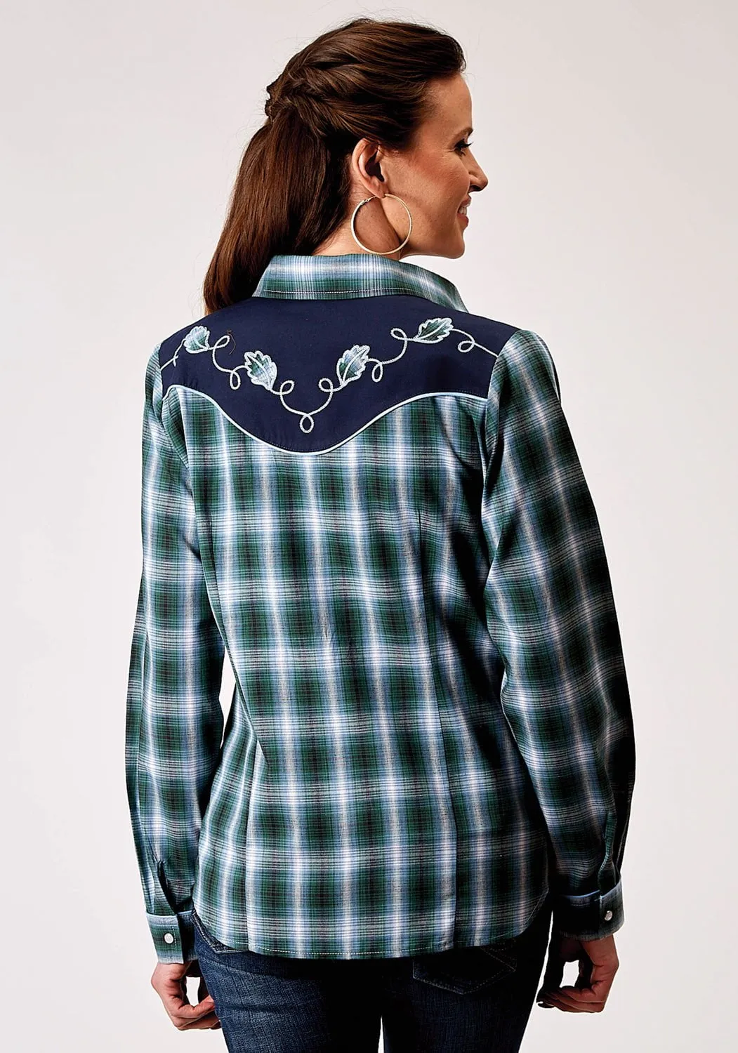 Roper Womens 1967 Ocean Plaid Blue Cotton Blend Fancy L/S Shirt Flexible Knit