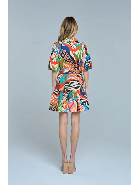 Fall Silhouette Printed Bubble Sleeve Mini Dress in Red Multi