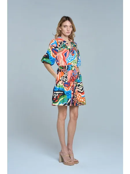 Fit Easy Drape Wave Printed Bubble Sleeve Mini Dress in Red Multi