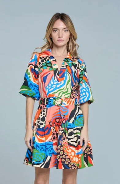 Trendy Appearance Formal Setting Printed Bubble Sleeve Mini Dress in Red Multi