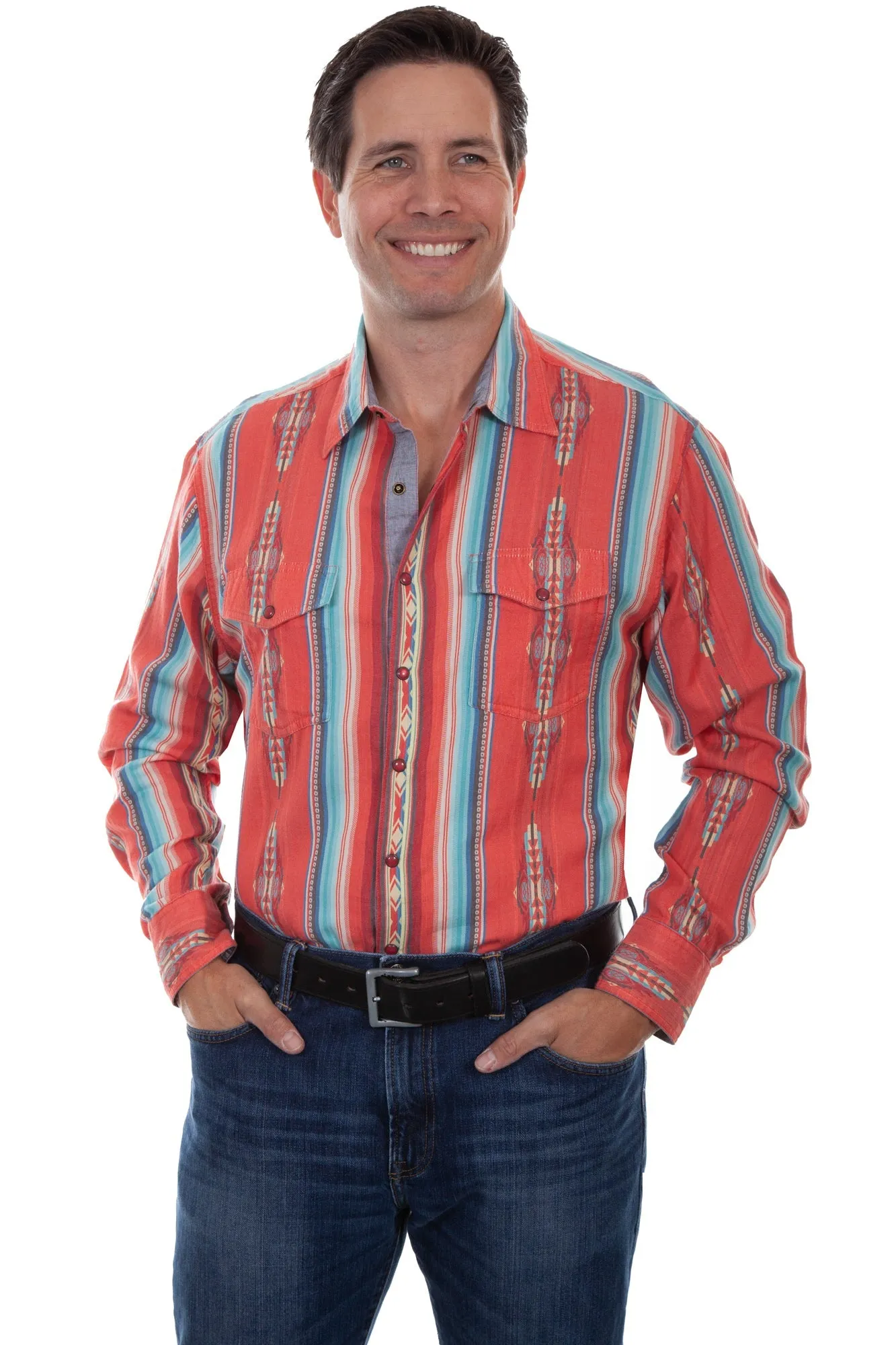 Durable Stitching Scully Mens Coral 100% Cotton Stripe L/S Shirt