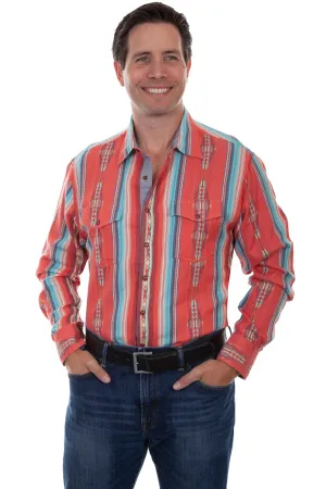 Printed Pattern Scully Mens Coral 100% Cotton Stripe L/S Shirt Durable Stitching Scully Mens Coral 100% Cotton Stripe L/S Shirt