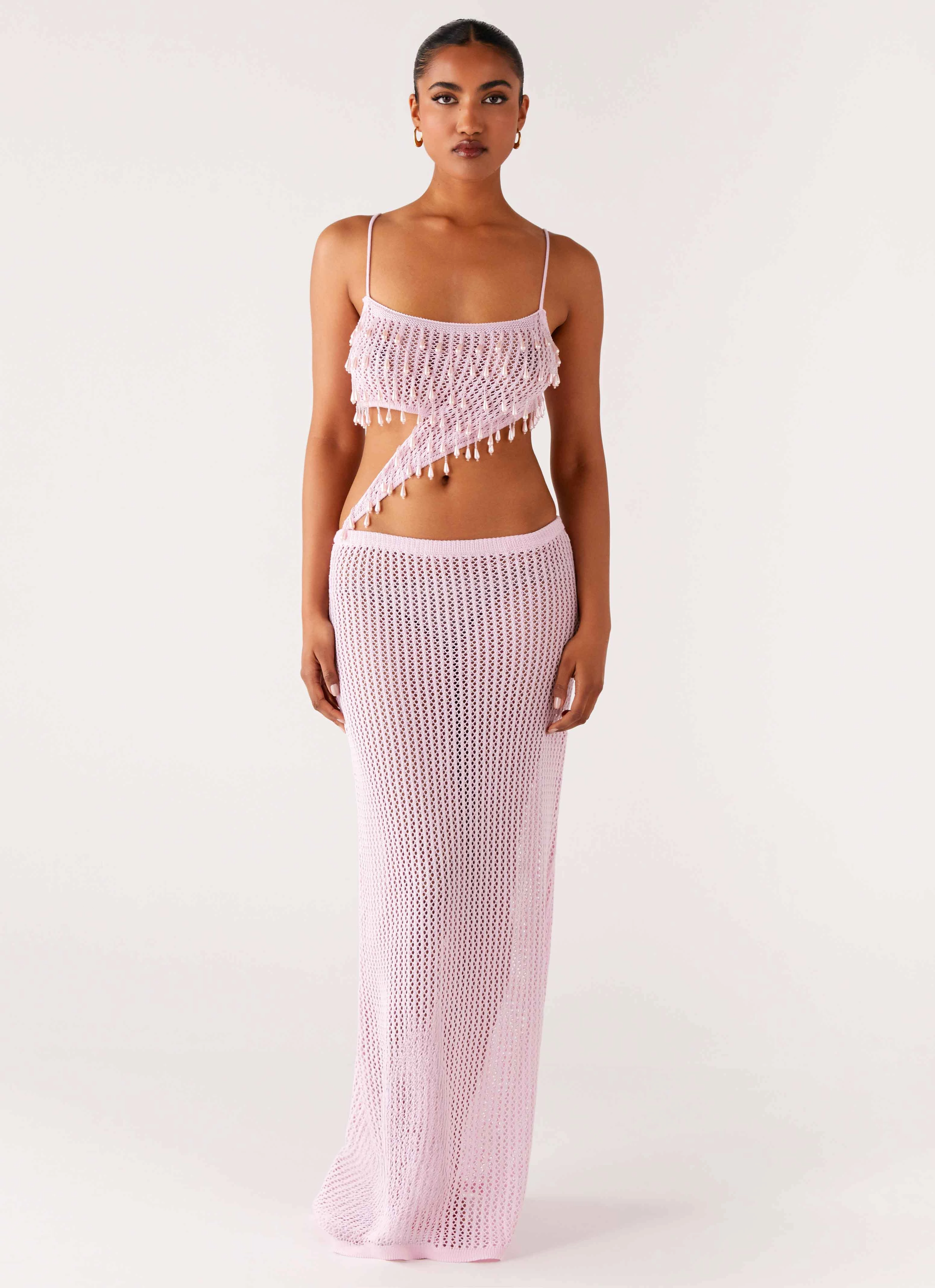 Raw-Hem Shellbound Crochet Maxi Dress - Pink