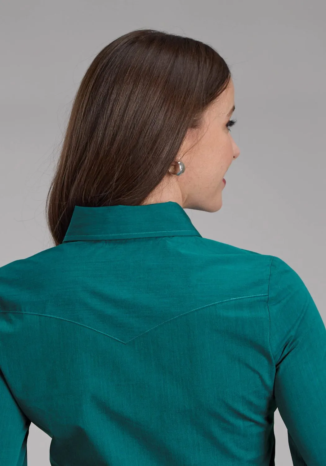 Multi Pocket Design Roper Womens Fill Solid Poplin Teal 100% Cotton L/S Shirt