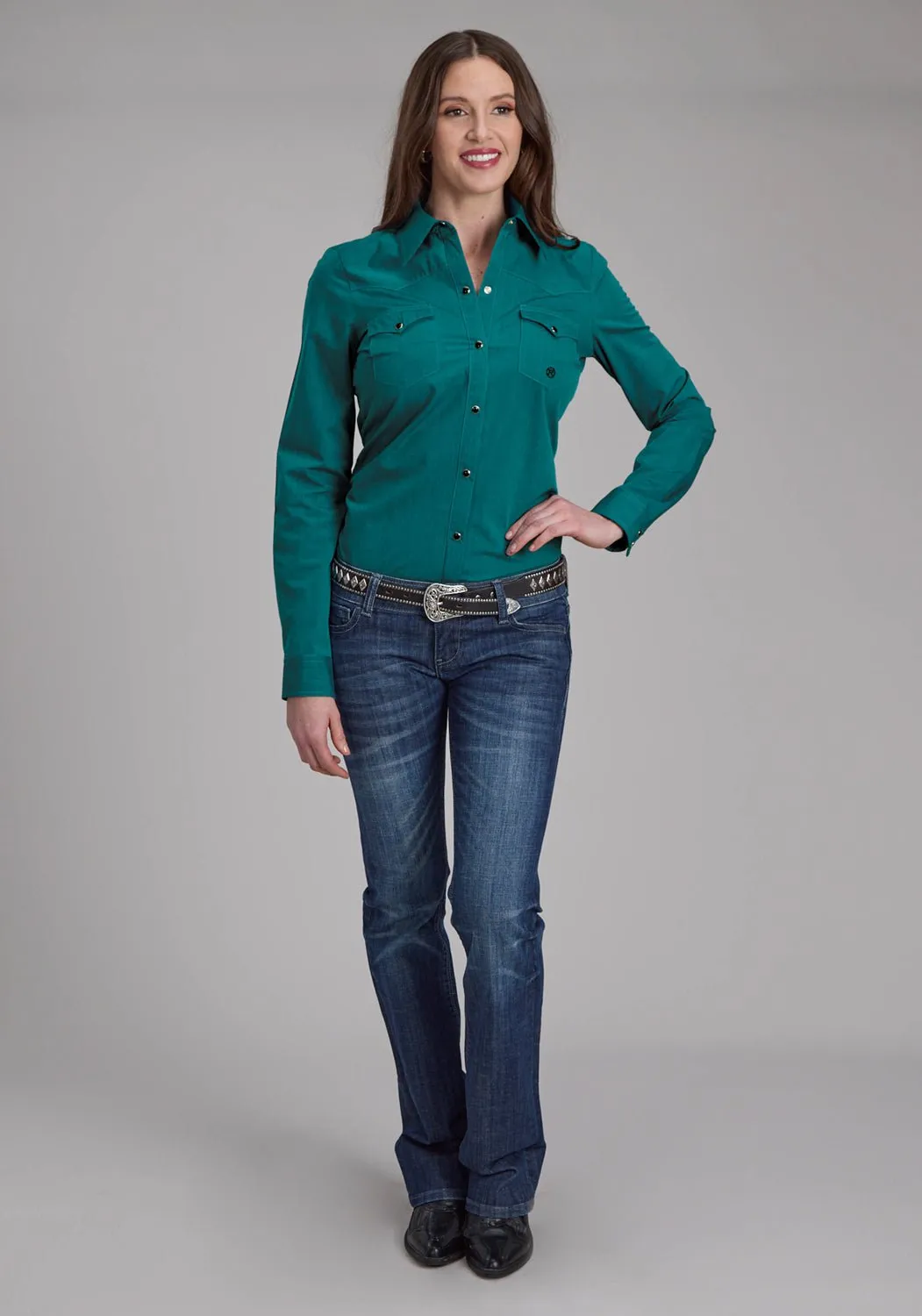 Roper Womens Fill Solid Poplin Teal 100% Cotton L/S Shirt Smooth Zipper Design Eco friendly materials