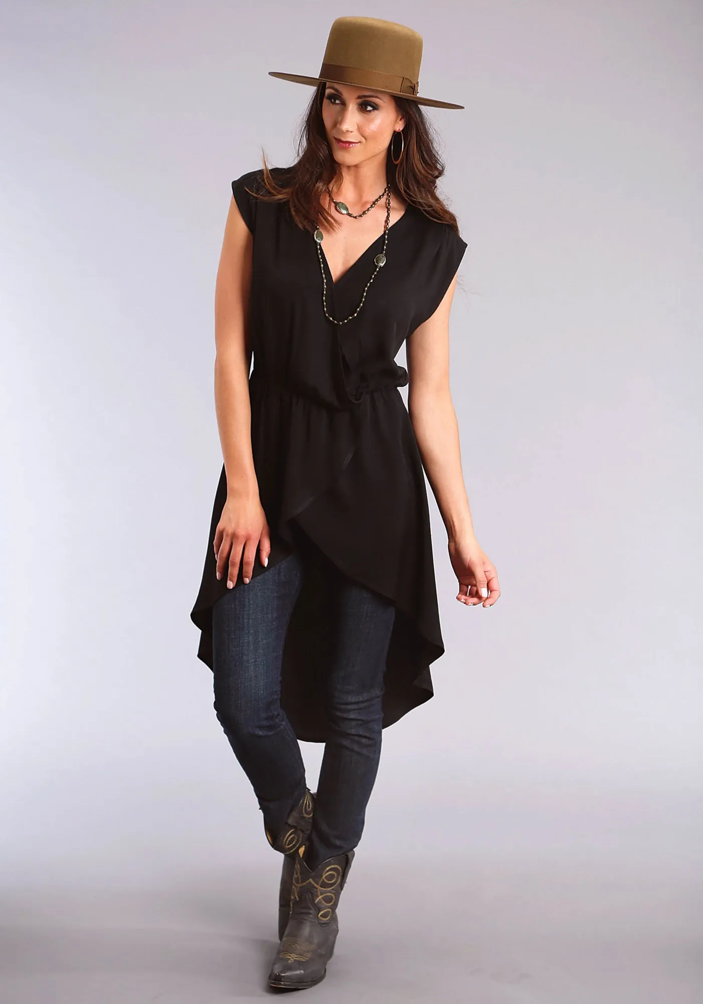 Wedding guest Premium Quality Stetson Womens Rose Cross Front Black 100% Rayon S/L Tank Top
