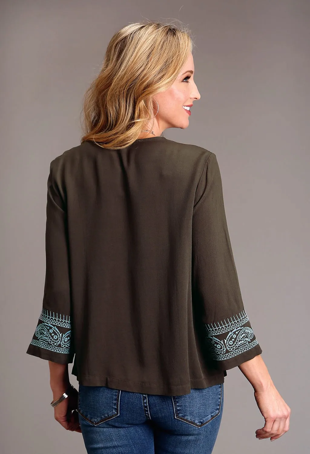 Casual Hangout All Day Comfort Tech Stetson Womens Twill V-Neck Chocolate 100% Rayon L/S Blouse