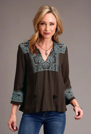 Pullover Style Stetson Womens Twill V-Neck Chocolate 100% Rayon L/S Blouse Stetson Womens Twill V-Neck Chocolate 100% Rayon L/S Blouse Networking Session Hidden Button Placket