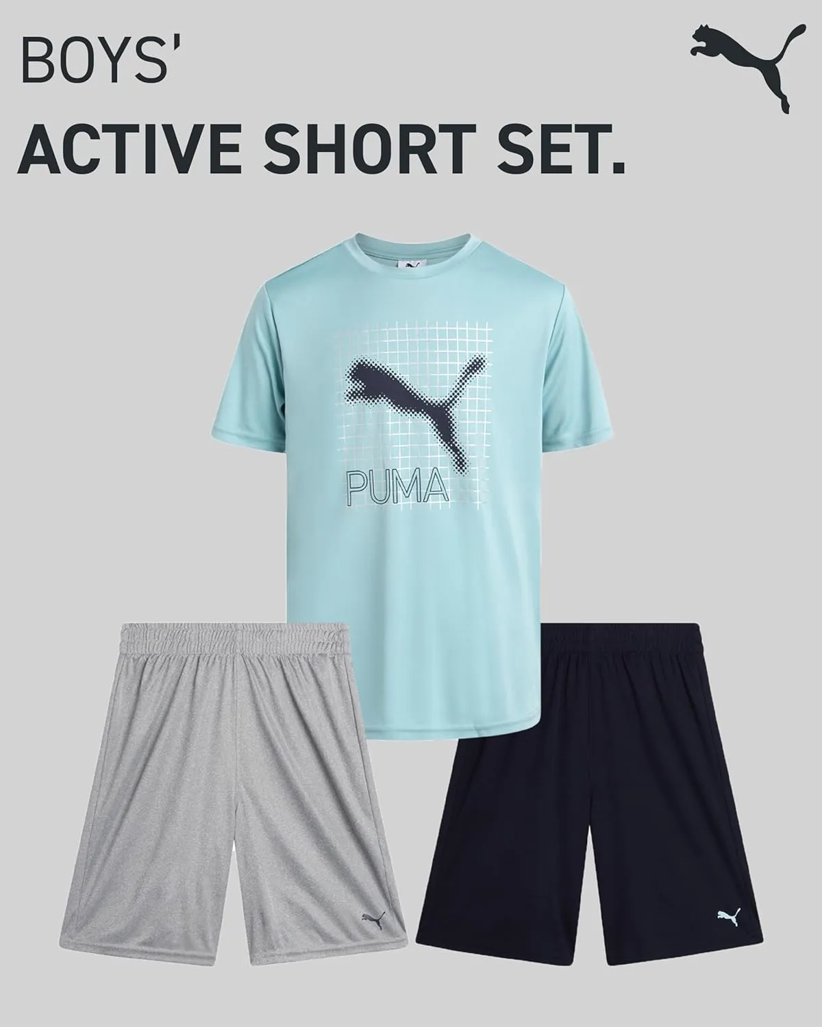 PUMA Boys Active Short Set - 3 Piece Short Sleeve Logo Graphic Tee and Poly Interlock Mesh Shorts for Boys (Sizes: 4-16)