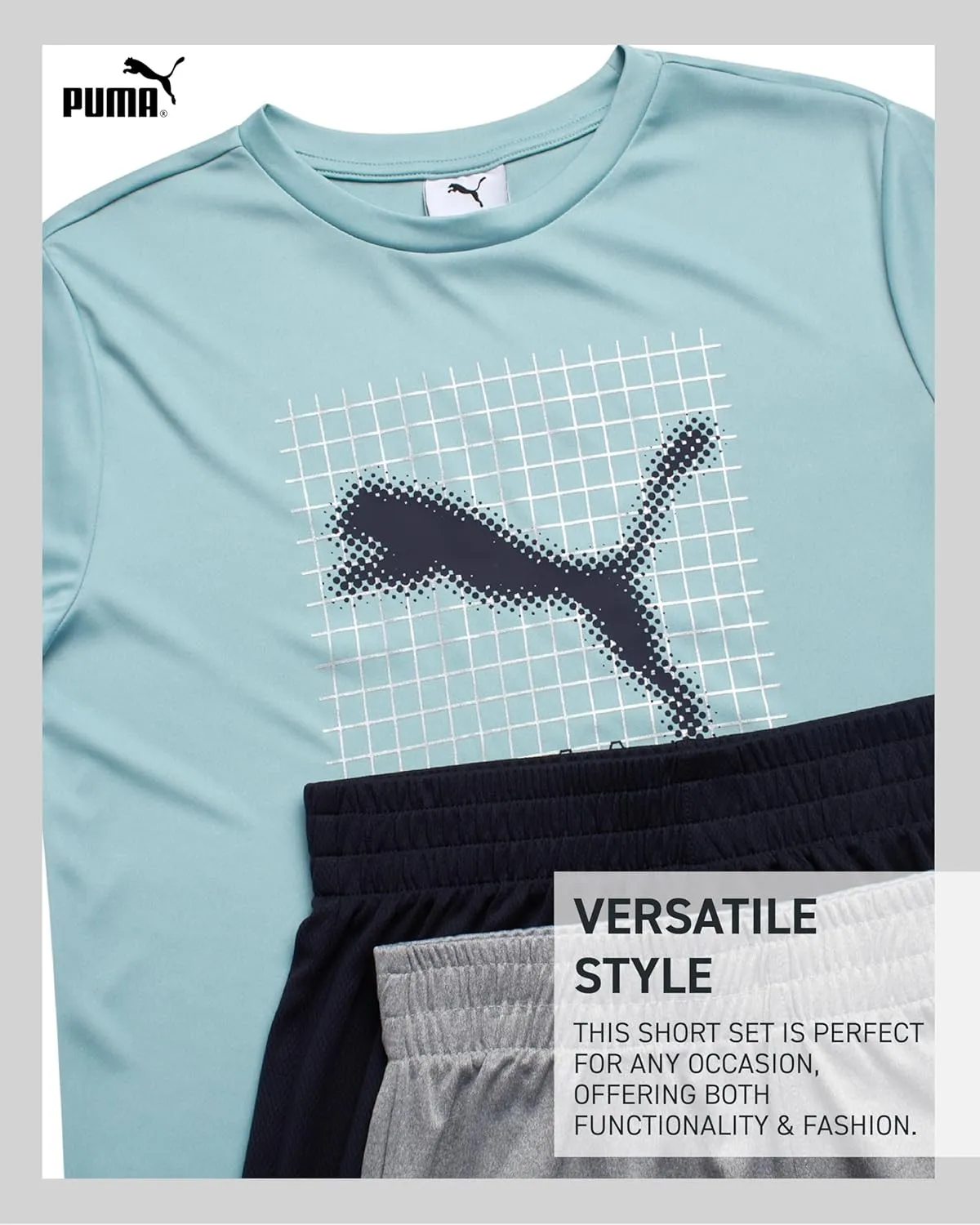 PUMA Boys Active Short Set - 3 Piece Short Sleeve Logo Graphic Tee and Poly Interlock Mesh Shorts for Boys (Sizes: 4-16)