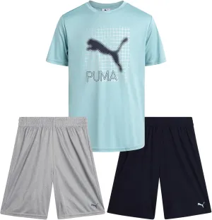 PUMA Boys Active Short Set - 3 Piece Short Sleeve Logo Graphic Tee and Poly Interlock Mesh Shorts for Boys (Sizes: 4-16)