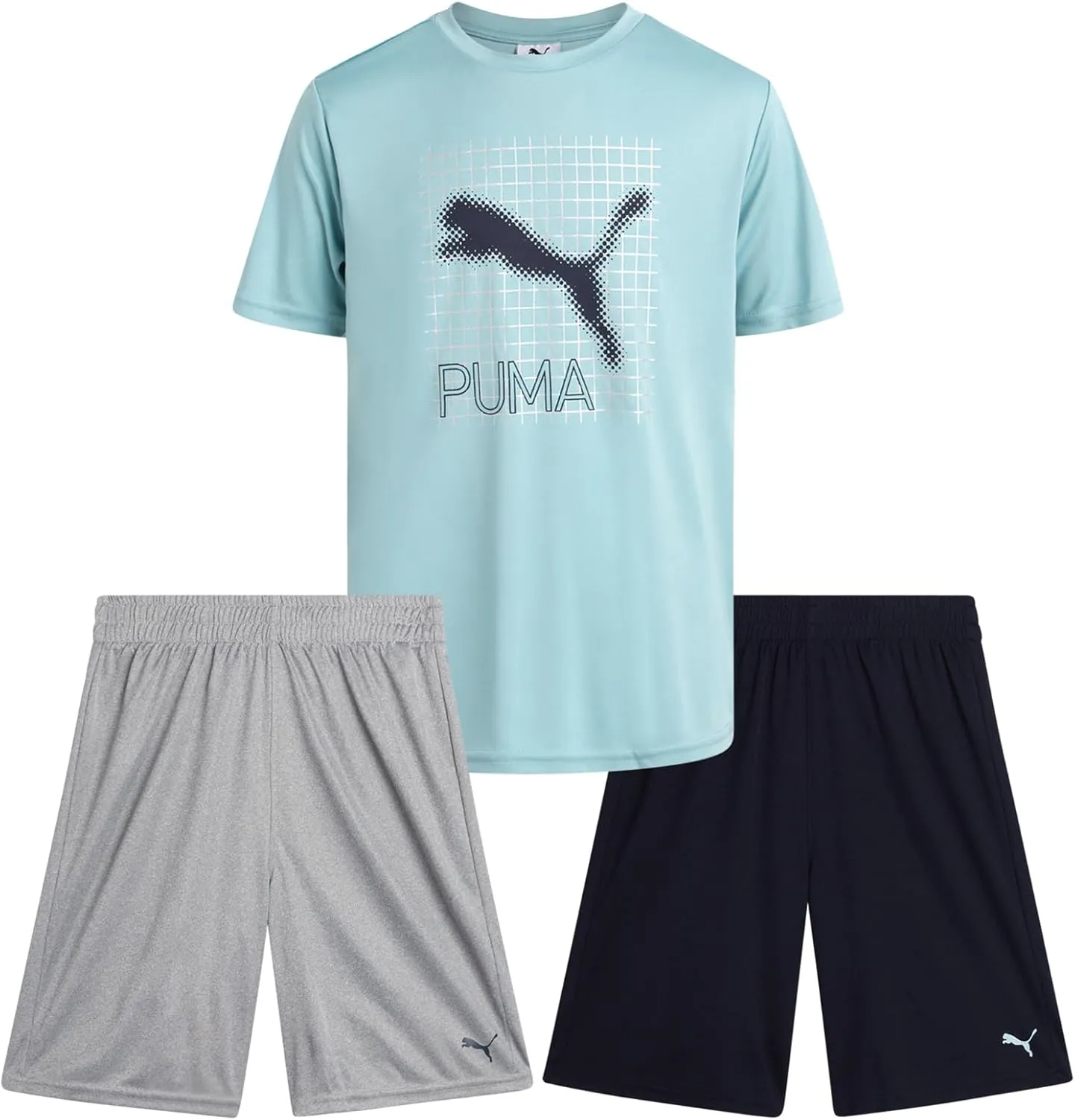 PUMA Boys Active Short Set - 3 Piece Short Sleeve Logo Graphic Tee and Poly Interlock Mesh Shorts for Boys (Sizes: 4-16)