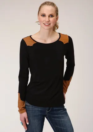Pure Style Roper Womens Black/Tan Poly/Rayon Western Scoop Neck L/S T-Shirt Weekend Style Casual Parent Style Functional Fit Roper Womens Black/Tan Poly/Rayon Western Scoop Neck L/S T-Shirt
