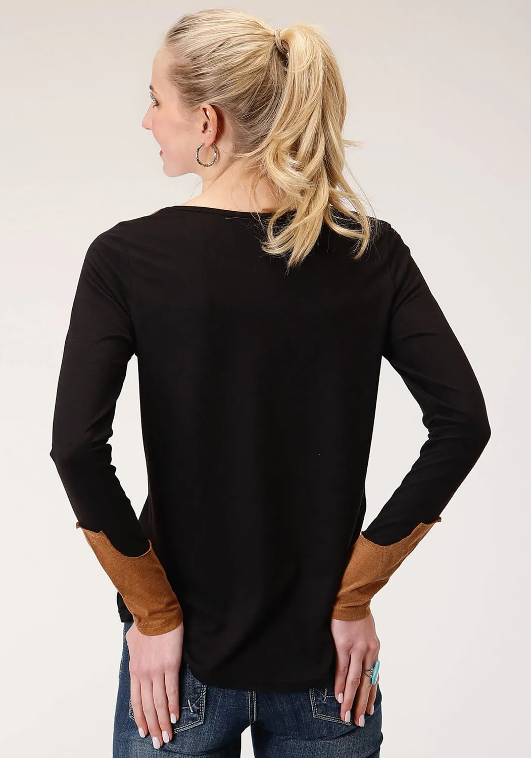 Roper Womens Black/Tan Poly/Rayon Western Scoop Neck L/S T-Shirt Recycled Cotton Blend