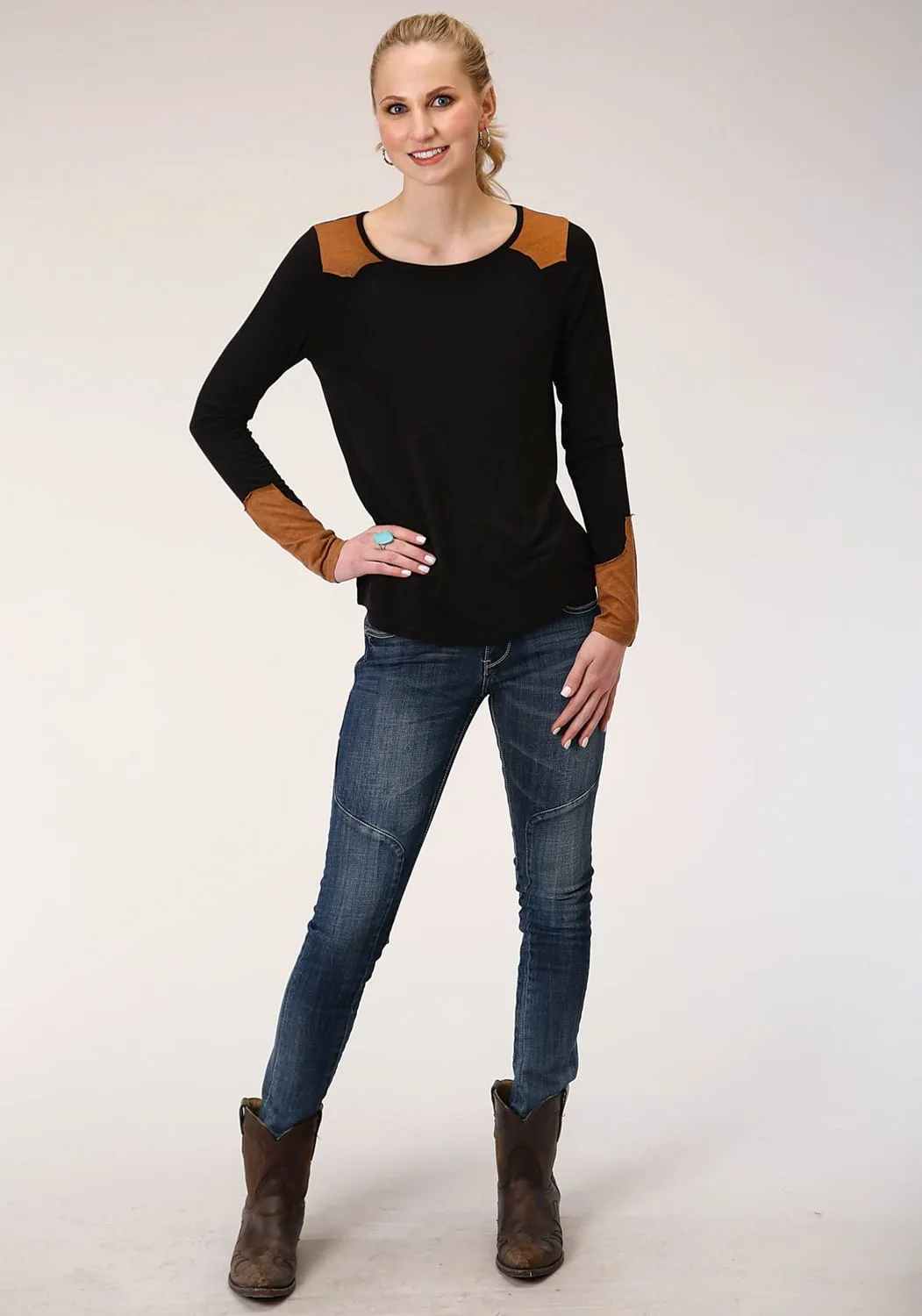 Daily Clothing Roper Womens Black/Tan Poly/Rayon Western Scoop Neck L/S T-Shirt