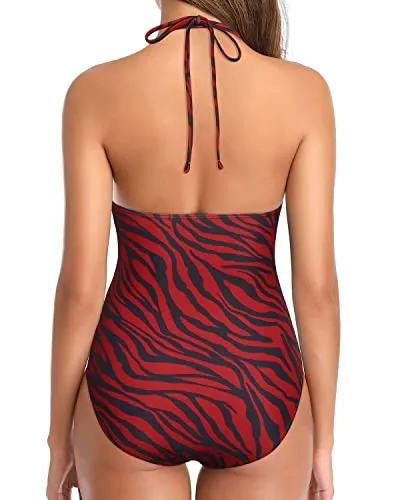 Push Up One Piece Swimsuit Women Plunge V Neck Bathing Suit-Red Zebra Pattern