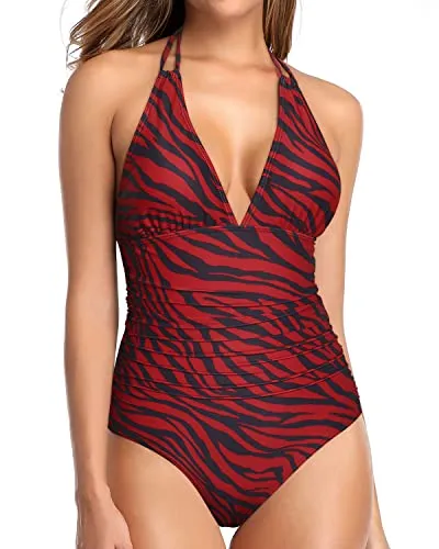 Push Up One Piece Swimsuit Women Plunge V Neck Bathing Suit-Red Zebra Pattern