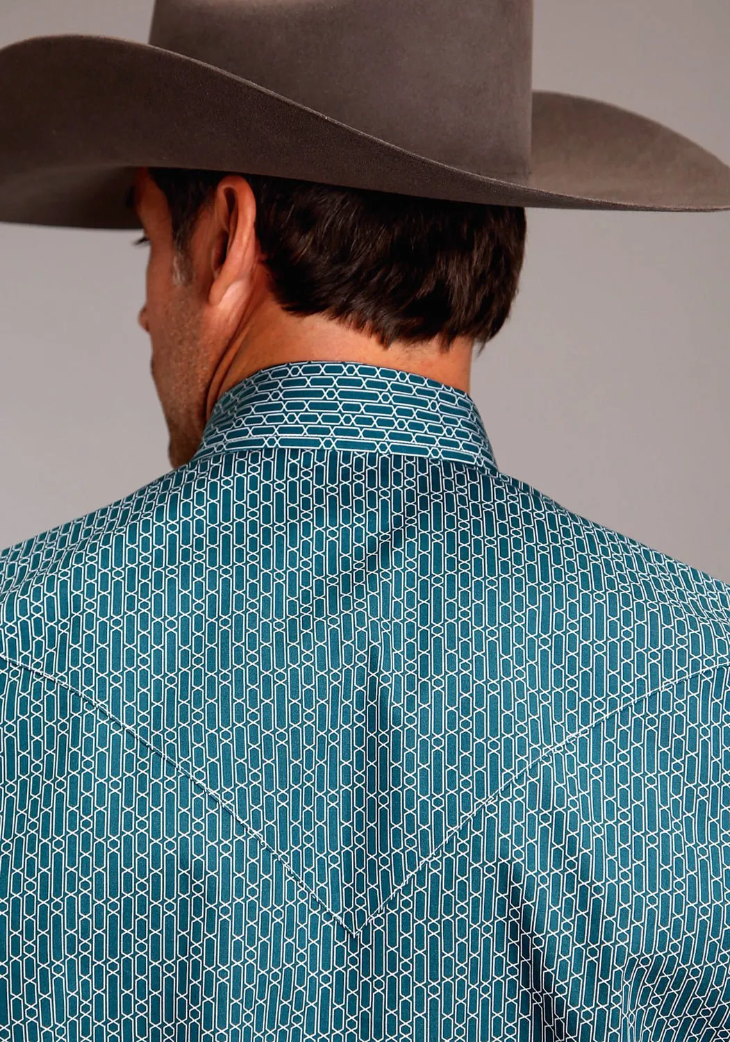 Sporty Style Hidden Button Placket Stetson Mens Hex Key Print Green 100% Cotton L/S Shirt