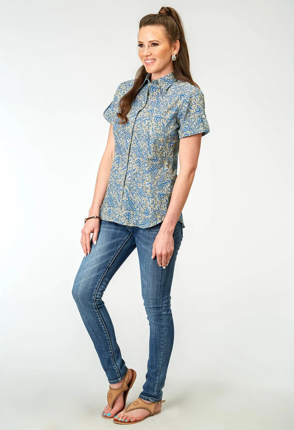 Roper Womens Delft Paisley Blue 100% Cotton S/S Shirt Trendy Design Gender Neutral