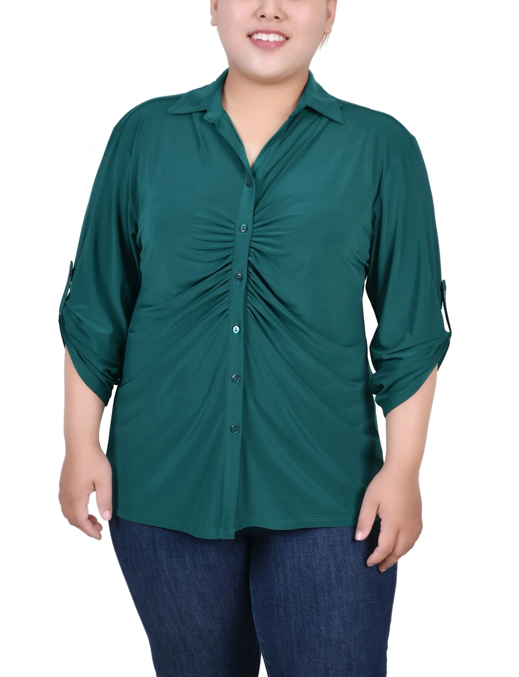 Body Safe Plus Size 3/4 Roll Tab Rouched-Front Top
