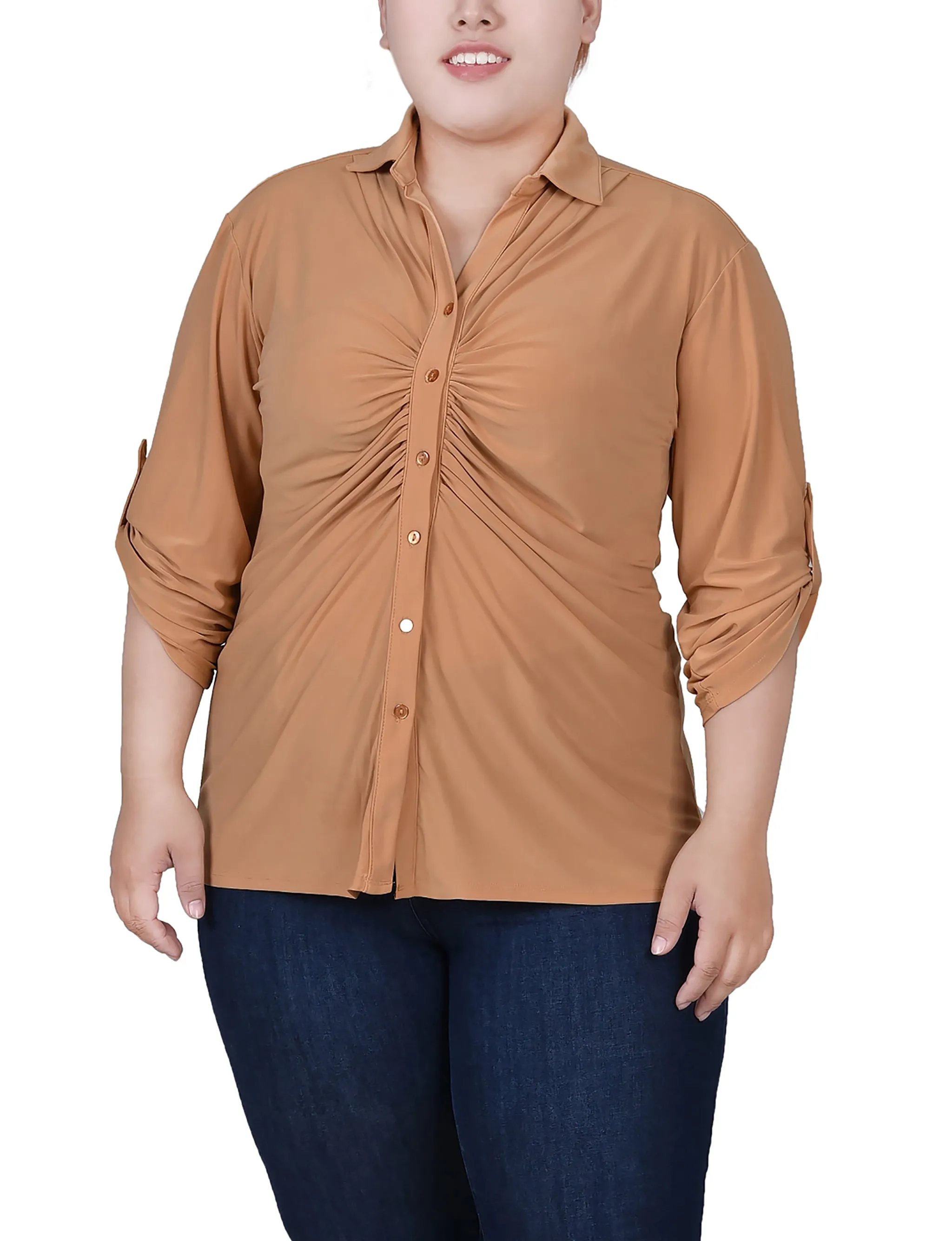 Timeless Waist Fit Fall Layer Plus Size 3/4 Roll Tab Rouched-Front Top