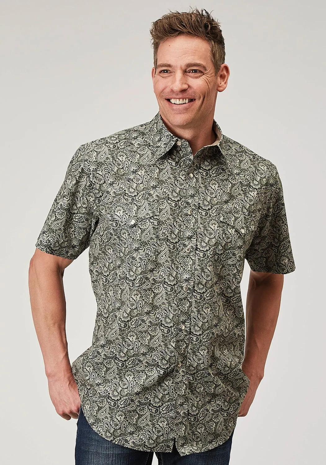 Roper Mens 1901 Estampa Paisley Green 100% Cotton S/S Shirt Trendy Wear Zip Front