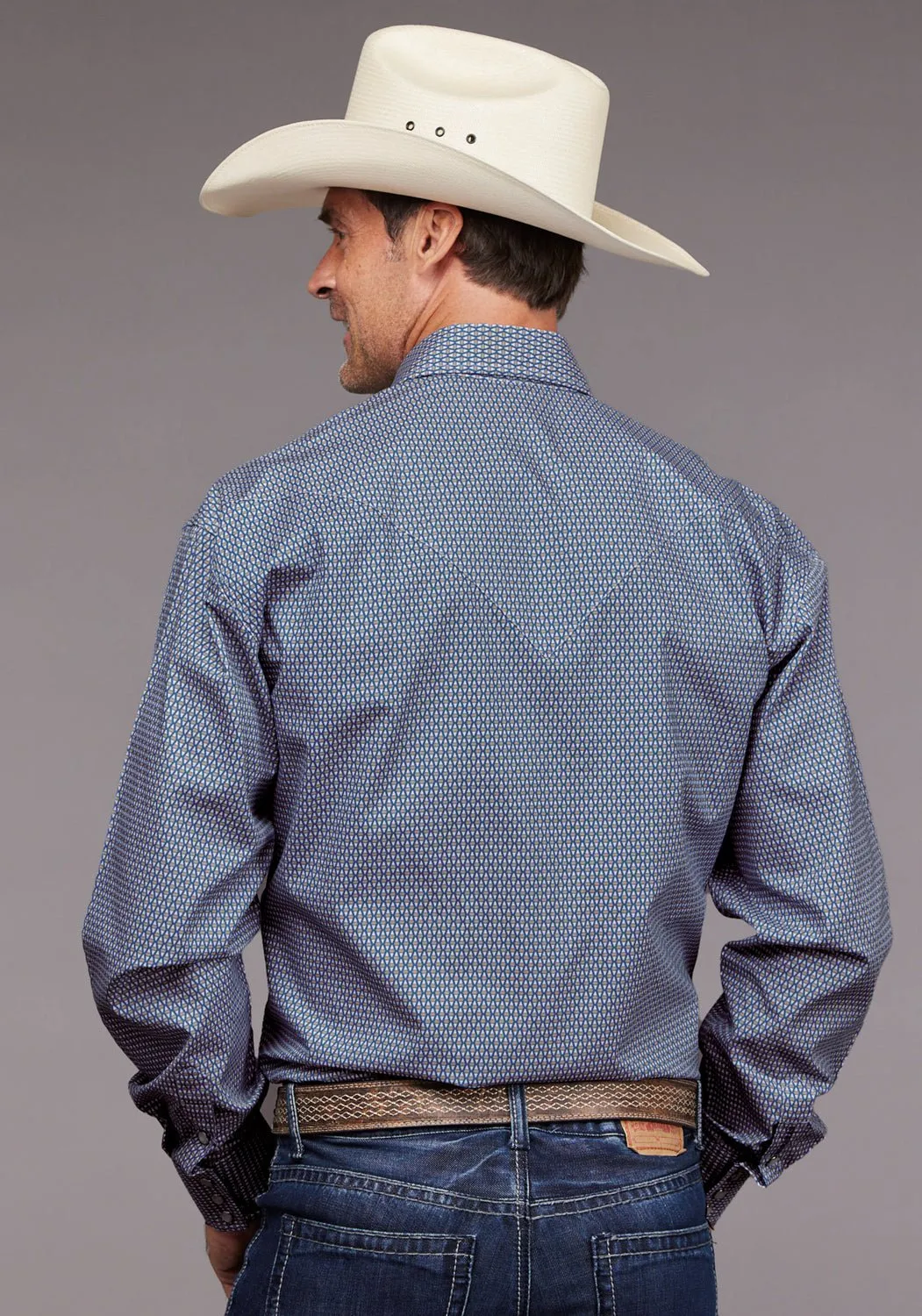 Stetson Mens 2030 Diamond Neat Blue 100% Cotton L/S Shirt Youthful Appeal Urban Trend