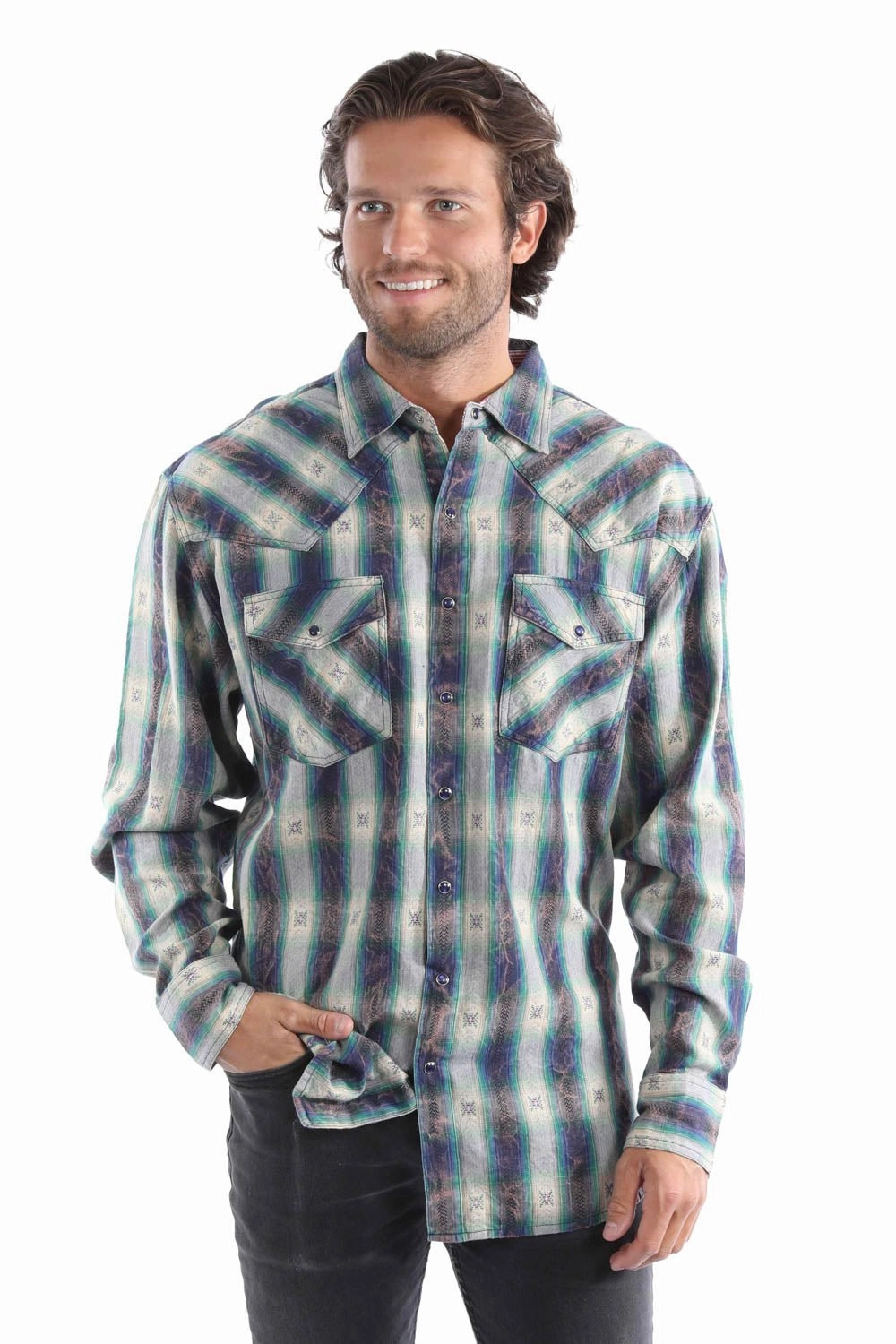 Contrast Stitch V-neck style Scully Mens Dobby Marble Washed Purple/Cream 100% Cotton L/S Shirt