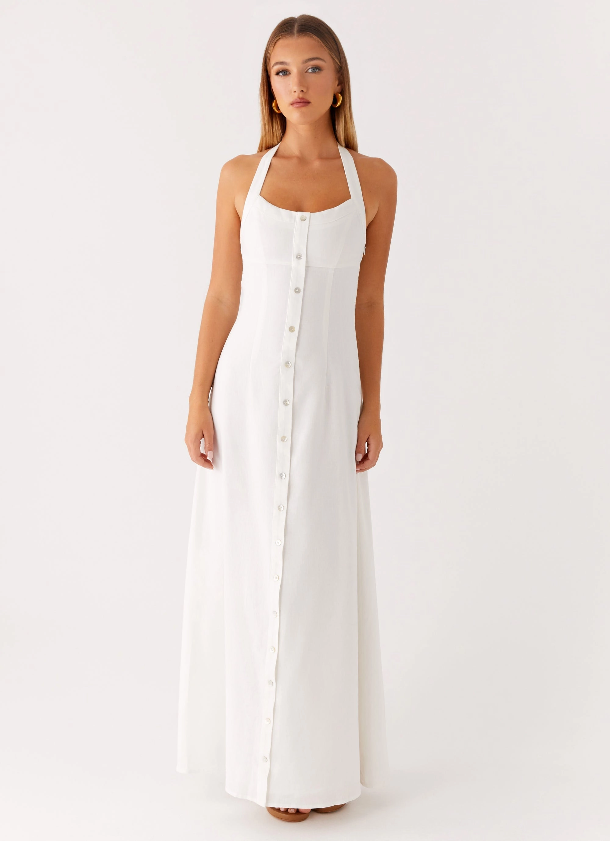 Jovanni Maxi Dress - White Flattering Waist Design Peach Tone