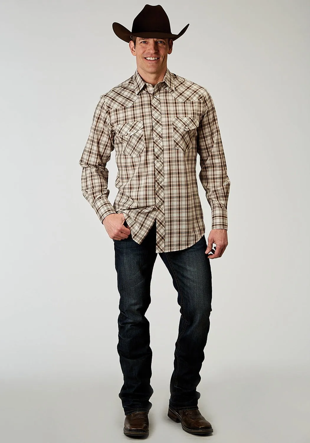 Roper Mens 1968 Desert Plaid Brown Cotton Blend L/S Shirt Luxurious Feel