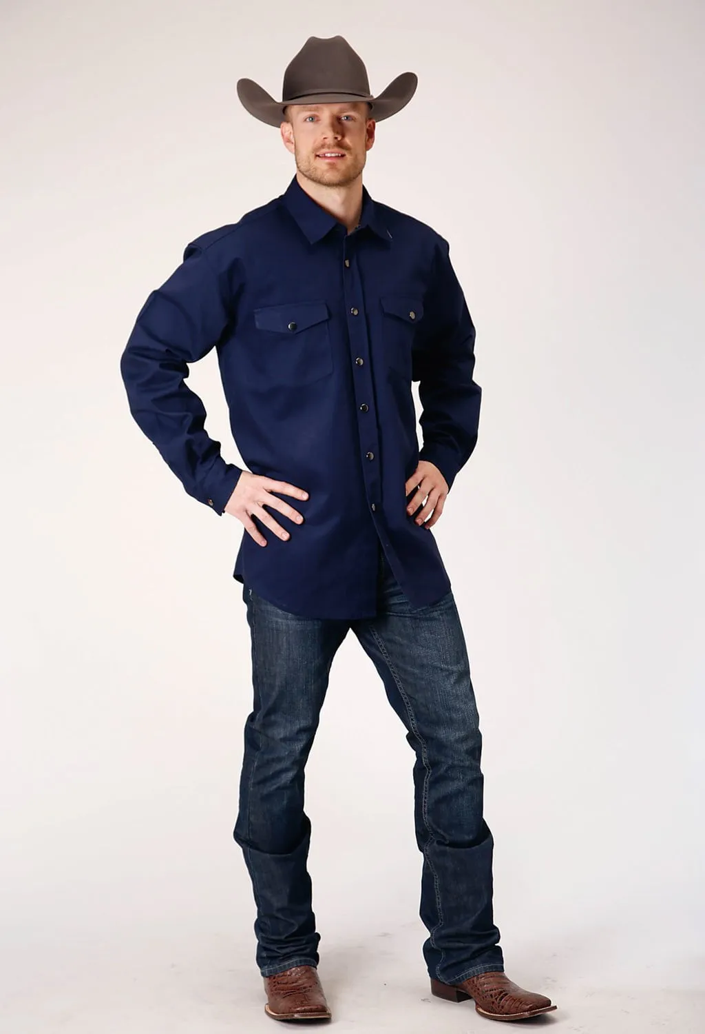 Roper Mens Brush Twill Navy 100% Cotton L/S Shirt Multi Layer Stitching