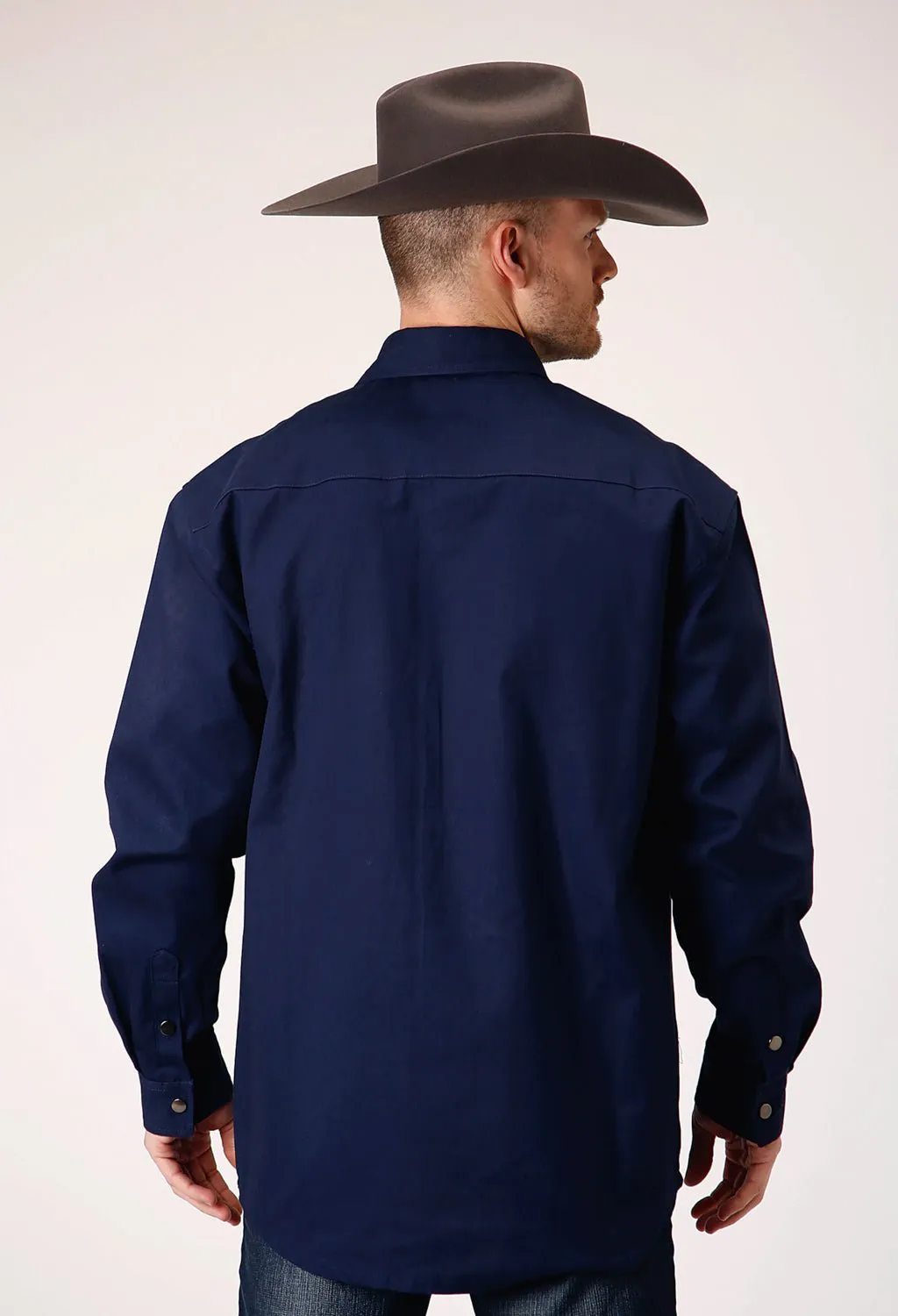 Roper Mens Brush Twill Navy 100% Cotton L/S Shirt Geometric Design High Street Fashion