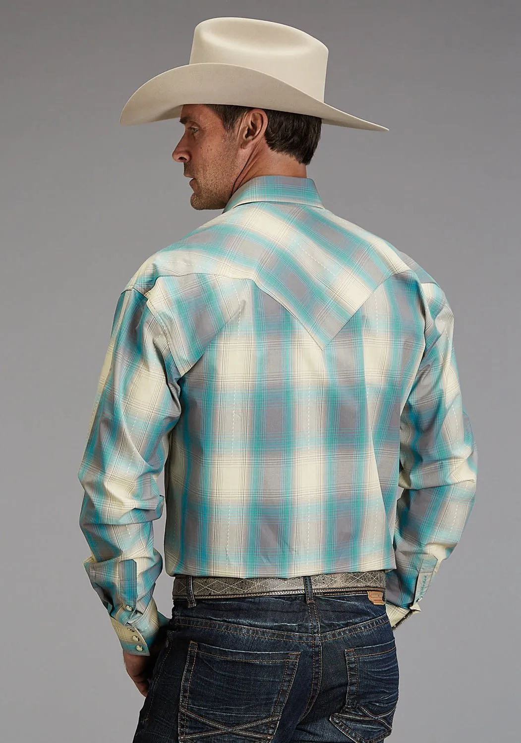 Stetson Mens 1927 Smoke Plaid Turquoise 100% Cotton L/S Shirt Tailored Fit Timeless Style