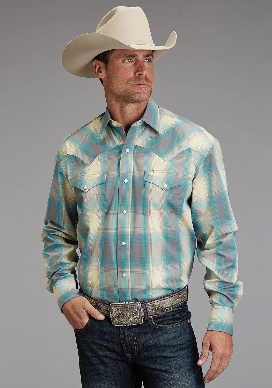 Urban Fashion Stetson Mens 1927 Smoke Plaid Turquoise 100% Cotton L/S Shirt