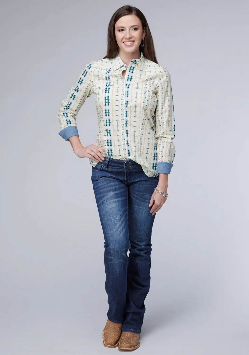 Roper Womens Vertical Aztec Stripe Cream 100% Cotton L/S Shirt Active Lifestyle