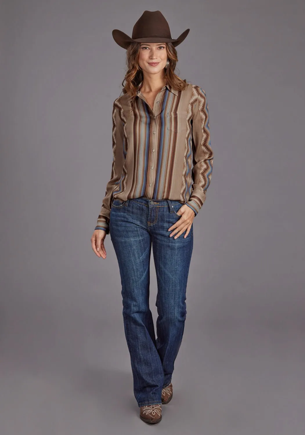 Stetson Womens Serape Herringbone Sand 100% Rayon L/S Blouse Easy Comfort Chic Layer