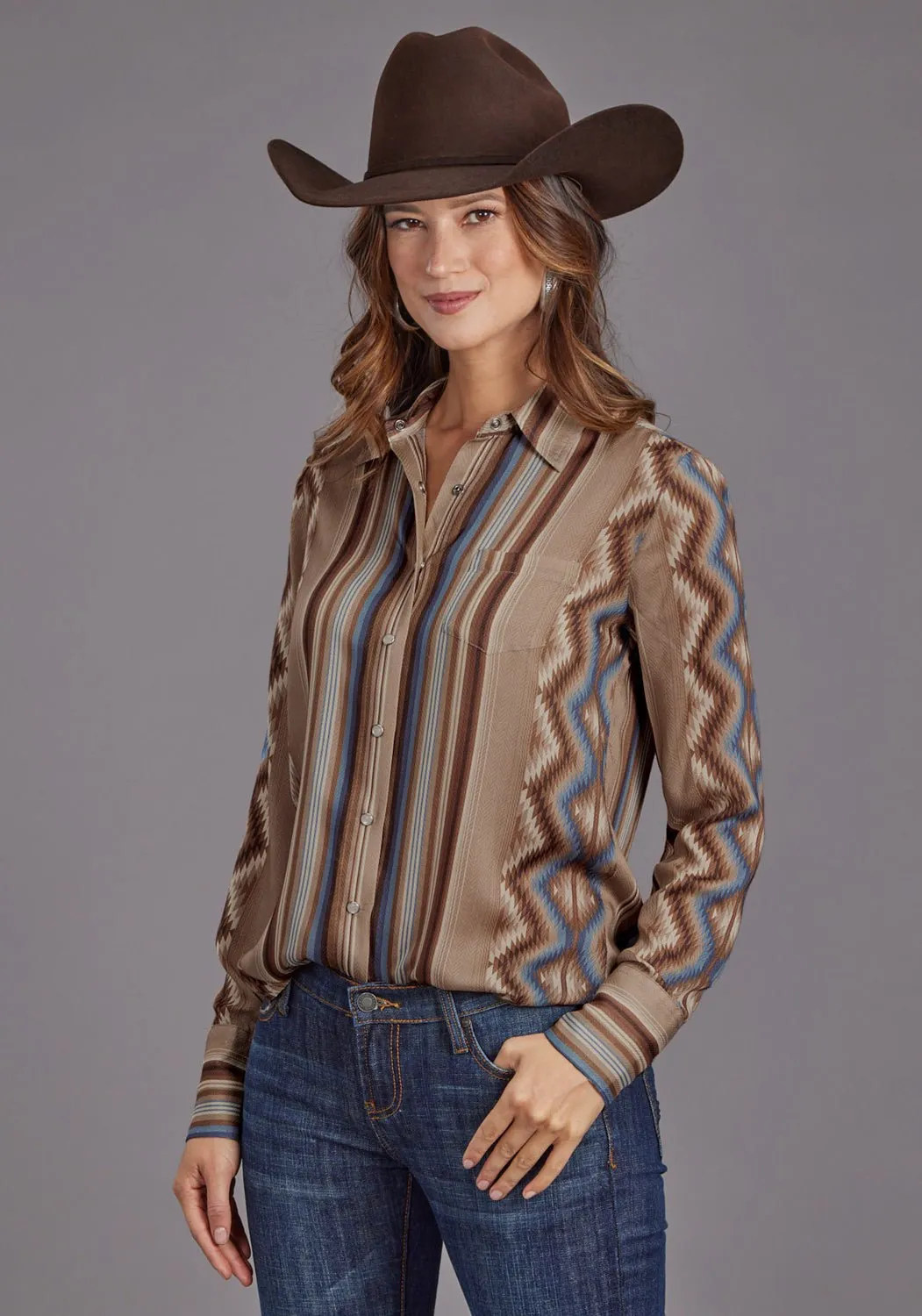 Stetson Womens Serape Herringbone Sand 100% Rayon L/S Blouse Anti Static Lining Smooth Zipper Design