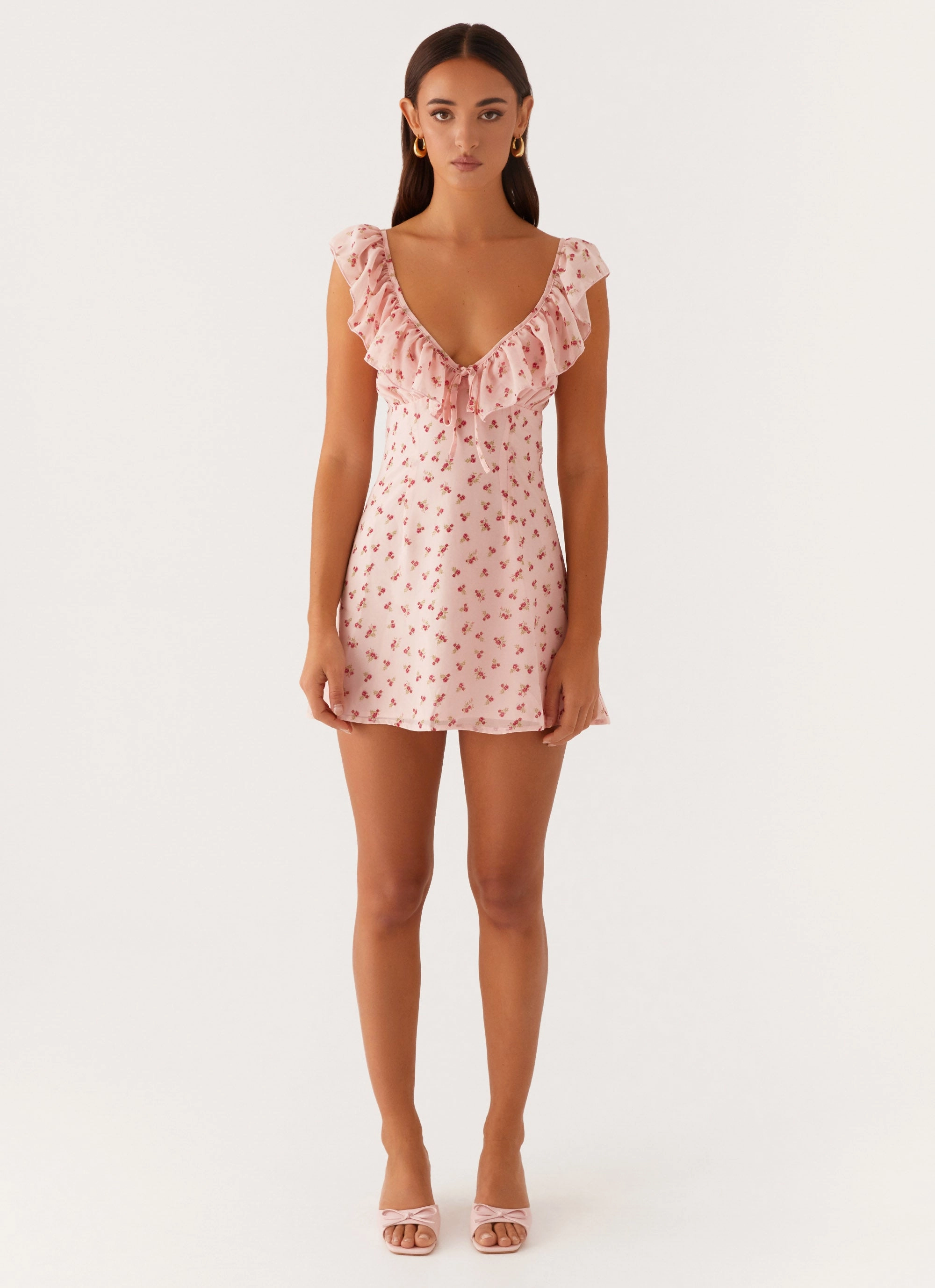 Adrina Ruffle Mini Dress - Pink Flower Lounge Cut Field Fresh