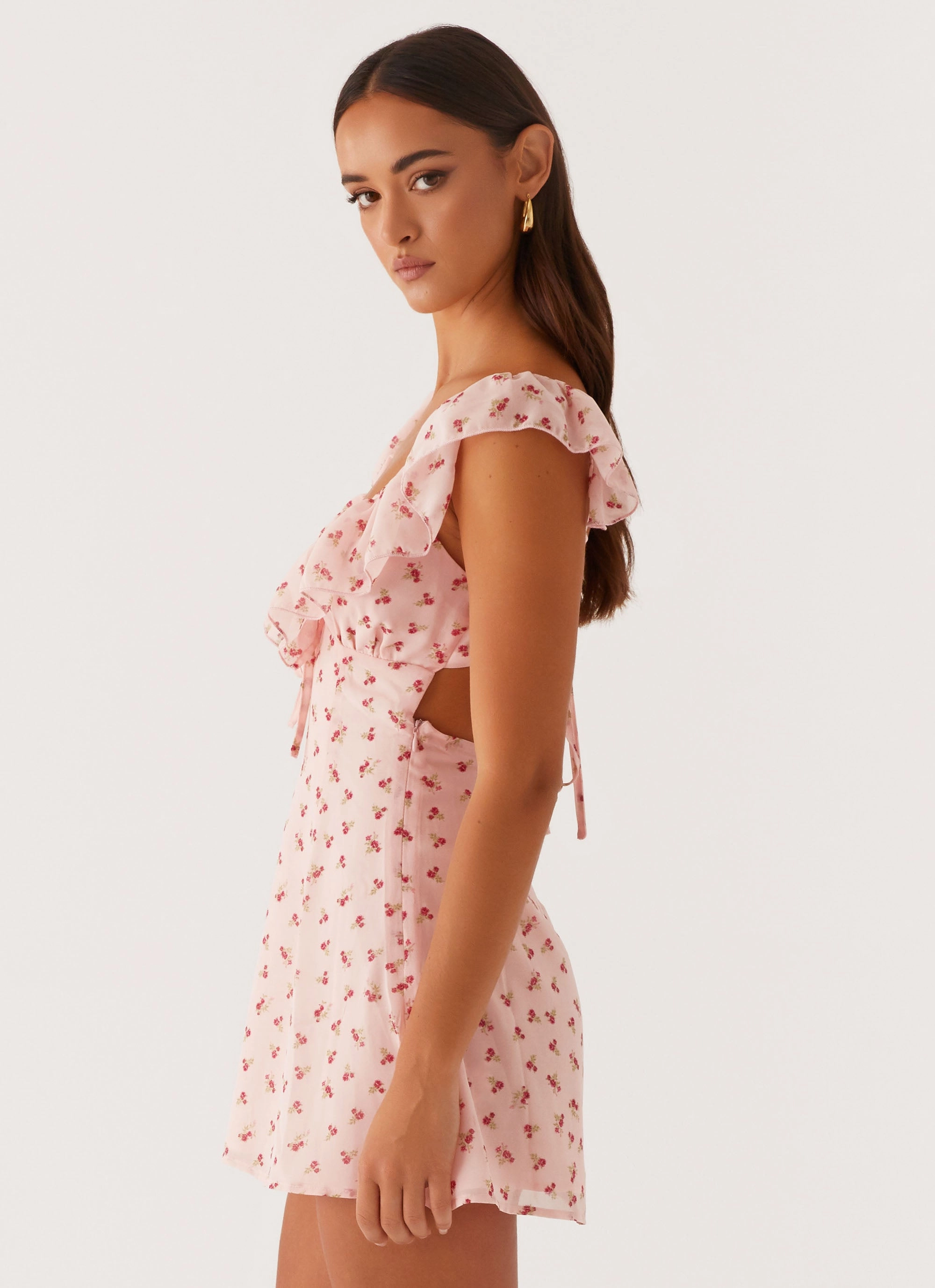 Adrina Ruffle Mini Dress - Pink Flower Subtle Touch Color Soft